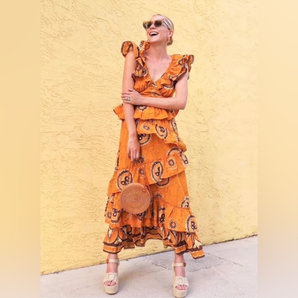 ANTHROPOLOGIE Love The Label Gigi Gold Print Halter Tiered Cotton Maxi Dress 1X